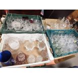 FOUR TRAYS OF MOSTLY CUT GLASS TO INCLUDE A VICTORIAN STYLE PAINTED GLASS VASE, STEWART CRYSTAL