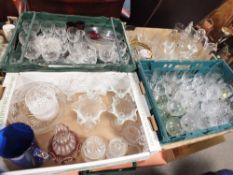 FOUR TRAYS OF MOSTLY CUT GLASS TO INCLUDE A VICTORIAN STYLE PAINTED GLASS VASE, STEWART CRYSTAL