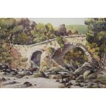 A GILT FRAMED AND GLAZED WATERCOLOUR ENTITLED 'BALGIE BRIDGE GLEN LYON' BY DONALD GREIG W 49 CM BY H