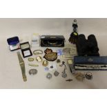 A BOX OF COLLECTABLES TO INCLUDE A LADIES COCKTAIL WATCH, COSTUME JEWELLERY, VINTAGE CYMA