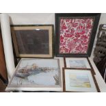 A COLLECTION OF PICTURES TO INCLUDE FRAMED AND GLAZED EMBROIDERY, WATERCOLOURS BY GILL SMITH ETC