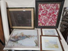 A COLLECTION OF PICTURES TO INCLUDE FRAMED AND GLAZED EMBROIDERY, WATERCOLOURS BY GILL SMITH ETC