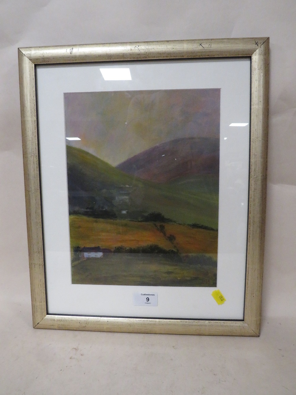 A FRAMED AND GLAZED ACRYLIC ENTITLED 'CUMBRIAN HILLS' BY ROBBIE HORNBY - H 29CM BY W 23CM