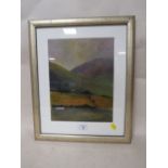 A FRAMED AND GLAZED ACRYLIC ENTITLED 'CUMBRIAN HILLS' BY ROBBIE HORNBY - H 29CM BY W 23CM