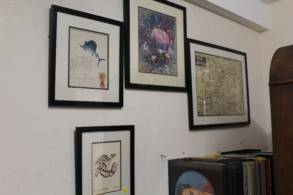 FOUR FRAMED AND GLAZED PICTURES TO INCLUDE A VINTAGE JAPANESE MAP