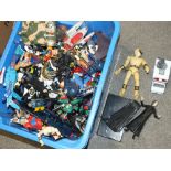 A QUANTITY OF TOYS TO INCLUDE ACTION FIGURES, FOOTBALL EXAMPLES, POWER RANGERS ETC.