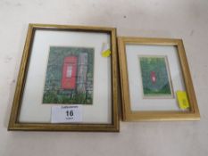 TWO MINIATURE FRAMED AND GLAZED WATERCOLOURS OF POSTBOXES BY TREVOR L YOUNG - LARGEST H 8.5 CM BY