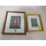 TWO MINIATURE FRAMED AND GLAZED WATERCOLOURS OF POSTBOXES BY TREVOR L YOUNG - LARGEST H 8.5 CM BY