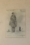 AFTER L S LOWRY - AN UNFRAMED SKETCH OF A FIGURE AND CATS - SIZE 15.5CM X 10CM