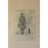 AFTER L S LOWRY - AN UNFRAMED SKETCH OF A FIGURE AND CATS - SIZE 15.5CM X 10CM