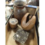 A LARGE WOODEN CAMEL BELL, PRINT BLOCK, INDIAN VASE AND ANOTHER (4)