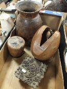 A LARGE WOODEN CAMEL BELL, PRINT BLOCK, INDIAN VASE AND ANOTHER (4)