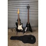 A GEAR 4 MUSIC FLYING V SHAPE BASE GUITAR TOGETHER WITH A SHINE ELECTRIC GUITAR, CARRY BAG AND