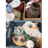 THREE BOXES OF ORIENTAL COLLECTABLES TO INCLUDE A BLUE AND WHITE CERAMIC TEA CANISTER, TERRACOTTA