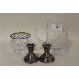 A PAIR OF SMALL HALLMARKED SILVER CANDLESTICKS TOGETHER WITH A CUT GLASS TANKARD AND A ROSE BOWL (