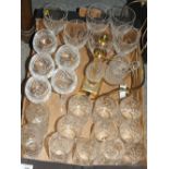 A TRAY OF CUT GLASS TO INCLUDE ROYAL DOULTON CRYSTAL WINE GLASSES, CUT GLASS LAMP ETC.