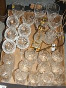 A TRAY OF CUT GLASS TO INCLUDE ROYAL DOULTON CRYSTAL WINE GLASSES, CUT GLASS LAMP ETC.