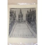 AFTER LAURENCE STEPHEN LOWRY - AN UNFRAMED MOUNTED PENCIL SKETCH OF A CHURCH SCENE IN SALFORD - SIZE