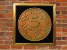 A LARGE FRAMED 5 CENTIMES COIN DISPLAY DATED 1969 H 80 CM, W 80 CM