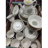 A TRAY OF ROYAL DOULTON CELTIC JEWEL CHINA TO INCLUDE A TEAPOT, DINNER PLATES ETC.