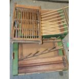 TWO BOXES OF WOODEN KITCHEN ITEMS TO INCLUDE A MAHOGANY TOWEL HOLDER, PLATE RACK ETC.