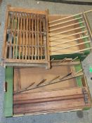 TWO BOXES OF WOODEN KITCHEN ITEMS TO INCLUDE A MAHOGANY TOWEL HOLDER, PLATE RACK ETC.