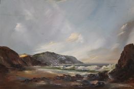 A GILT FRAMED OIL ON CANVAS OF A BEACH SCENE WITH CRASHING WAVES SIGNED JENNINGS LOWER RIGHT- W 75
