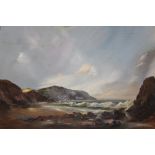 A GILT FRAMED OIL ON CANVAS OF A BEACH SCENE WITH CRASHING WAVES SIGNED JENNINGS LOWER RIGHT- W 75