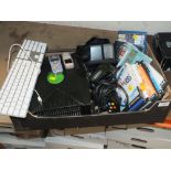 A TRAY OF ELECTRICALS TO INCLUDE AN XBOX, APPLE KEYBOARD, GAMES ETC
