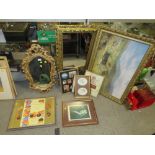 A COLLECTION OF ASSORTED PRINTS, TOGETHER WITH TWO GILT FRAMED WALL MIRRORS TO INCLUDE A CHALK
