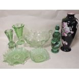 A COLLECTION OF GREEN GLASS VASES TO INCLUDE A PAIR OF VASES HAND PAINTED WITH CHICKENS, TOGETHER