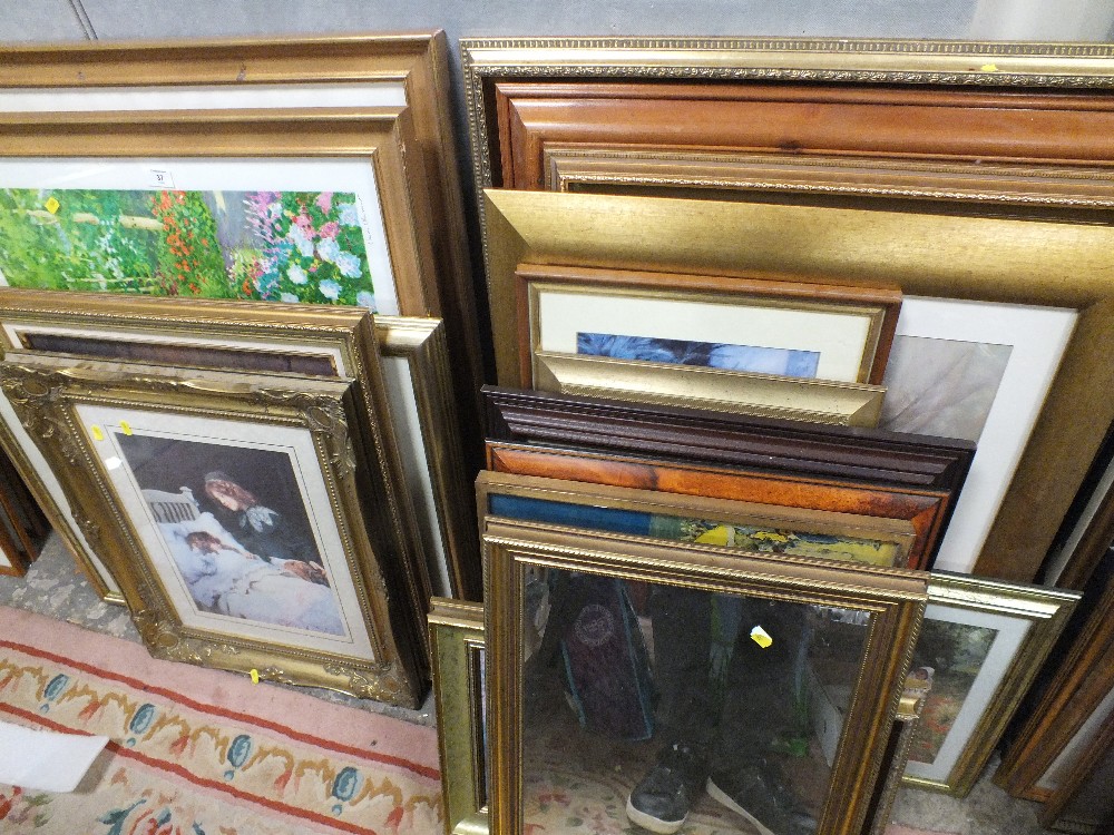 A QUANTITY OF LARGE FRAMED AND GLAZED PICTURES AND PRINTS TO INCLUDE IMPRESSIONIST SCENES AND