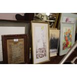 A COLLECTION OF PICTURES AND PRINTS TO INCLUDE WATERCOLOUR STILL LIFE STUDIES, WATERCOLOUR OF HORSES