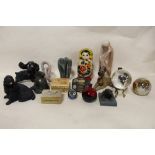 A BOX OF COLLECTABLES TO INCLUDE A ROYAL DOULTON FLAMBE VASE, GLOBE PAPER WEIGHT ETC