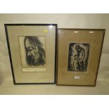 A SIGNED RELIGIOUS INTEREST PRINT OF MADONA & CHILD TOGETHER WITH A CHARCOAL P[PROFILE STUDY OF A