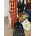 A MIXTURE OF ITEMS TO INCLUDE TWO FISHING BOXES, TWO LARGE CONTAINERS, PIPE FITTINGS, SNOW SHOVEL