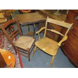 A TRADITIONAL KITCHEN ELM ARMCHAIR, AN OCCASIONAL TABLE AND WICKERSEAT CHAIR (3)