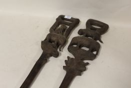TWO LARGE EAST AFRICAN TRIBAL ART CARVED WOODEN WALKING STICKS / STAFFS