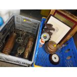 TWO BOXES OF COLLECTABLES TO INCLUDE VINTAGE FIRE EXTINGUISHERS, CARVED OAK BAROMETER, PICTURES