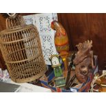 A COLLECTION OF TREEN TO INCLUDE FOLDING SCREEN, BIRD CAGE, CARVED DRAGON FIGURE ETC.