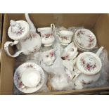 A BOX OF ROYAL ALBERT LAVENDER ROSE CHINE TO INCLUDE TEA AND COFFEE POTS