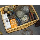 A BOX OF GLASSWARE, TINS AND VINTAGE CLOCKS