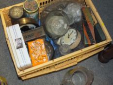A BOX OF GLASSWARE, TINS AND VINTAGE CLOCKS