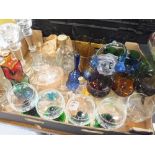 FOUR BOXES OF ASSORTED GLASSWARE TO INCLUDE CANDLESTICKS, COLOURED GLASS DRINKING GLASSES, STUDIO