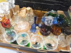 FOUR BOXES OF ASSORTED GLASSWARE TO INCLUDE CANDLESTICKS, COLOURED GLASS DRINKING GLASSES, STUDIO
