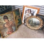 TWO RETRO GILT FRAMED PRINTS BY J H LYNCH AND TRETCHIKOFF TOGETHER WITH AN EMBROIDERED PICTURE OF