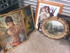 TWO RETRO GILT FRAMED PRINTS BY J H LYNCH AND TRETCHIKOFF TOGETHER WITH AN EMBROIDERED PICTURE OF