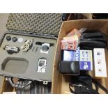 A BOX OF CAMERAS AND ACCESSORIES TOGETHER WITH TWO BOXES OF CDS, PLAYING CARDS ETC.