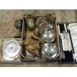 A SMALL TRAY OF ASSORTED METALWARE TO INCLUDE LARGE SILVER PLATED COASTERS, SPELTER STYLE FIGURE