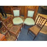 A PAIR OF EDWARDIAN OAK CARVED CHAIRS AND TWO WICKER SEAT CHAIRS (4)